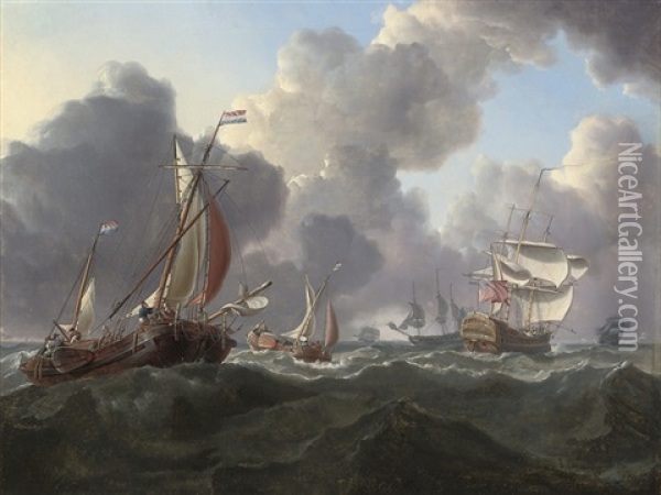English Warships And Dutch Hoys In A Stiff North Sea Breeze Oil Painting - Charles Martin Powell