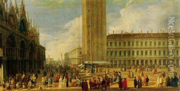 View From The Piazza San Marco Toward The Piazetta With Fruitsellers, Gamblers, Booksellers, Clergy, Noblemen And Other Folk Oil Painting - Luca Carlevarijs