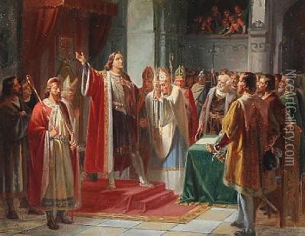 Kong Valdemar Sejr Udnaevner Ar 1158 Sin Ven Og Forsterbror Absalon Til Biskop I Roskilde Oil Painting - Niels Anker Lund