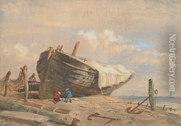 Mending The Boat. Oil Painting - Samuel Prout