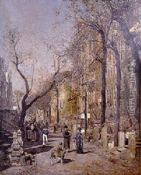 Figures In A Sunlit Street, Amsterdam Oil Painting - Fritz Stoltenberg