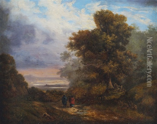 View Of Howth Overlooking Dublin Bay With Figures In A Wooded Landscape Oil Painting - James Arthur O'Connor