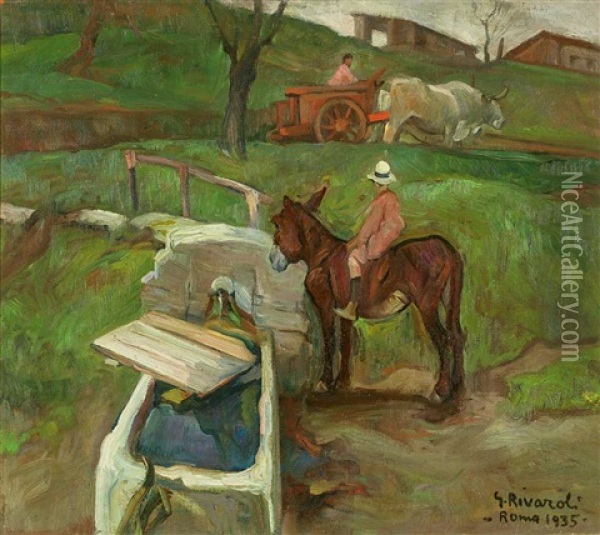 Ochsengespann In Fruhlingslandschaft Oil Painting - Giuseppe Rivaroli
