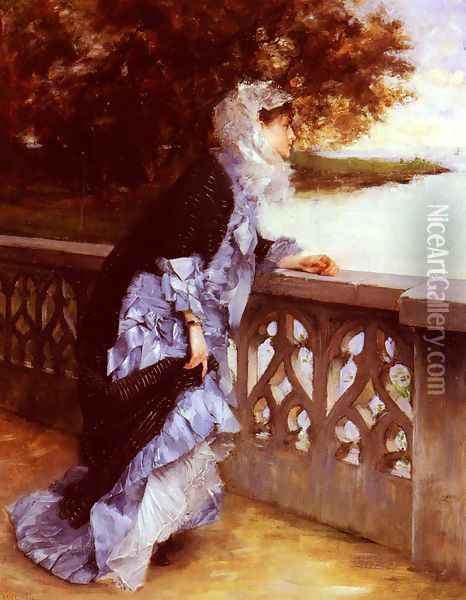 Elegante Accoudee A Une Balustrade (Elegant Lady Leaning Against a Balustrade) Oil Painting - Paul-Louis Delance