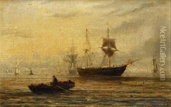 A Rowing Boat In A Busy Harbour Oil Painting - William Adolphu Knell