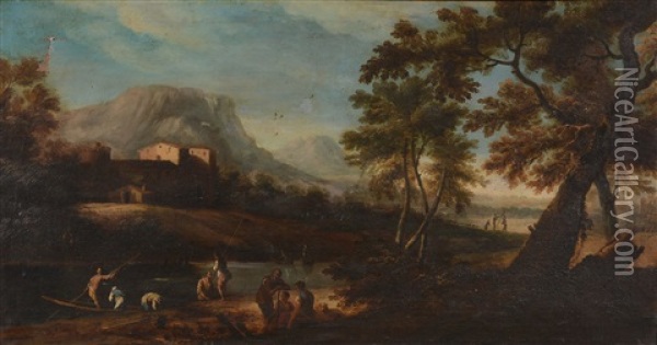 Fishermen In A Landscape Oil Painting - Pedon Bartolomeo