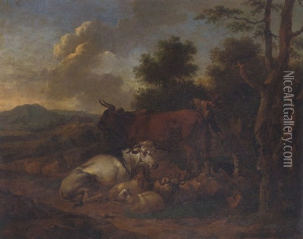 Hirte Mit Kuhen Und Schafen In Bergiger Landschaft Oil Painting - Willem Romeyn