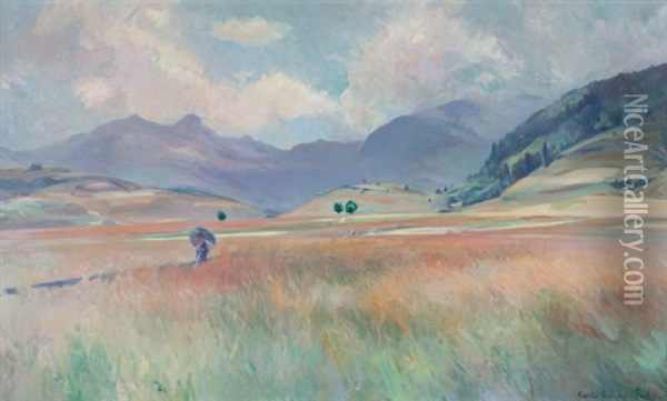 Thurgauer Landschaft Mit Weizenfeld Und Spaziergangerin Mit Sonnenschirm Oil Painting - Carl August Liner