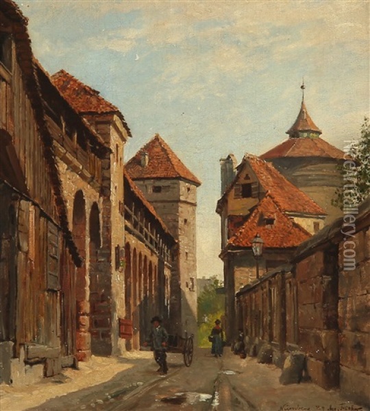 Street Scene From Nuremberg, Germany Oil Painting - August Fischer