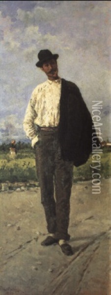 Figura Maschile Nel Paesaggio Oil Painting - Pompeo Mariani