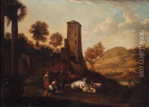 A Landscape With Maids Milking Goats By A Farmstead Oil Painting - Hendrick Mommers
