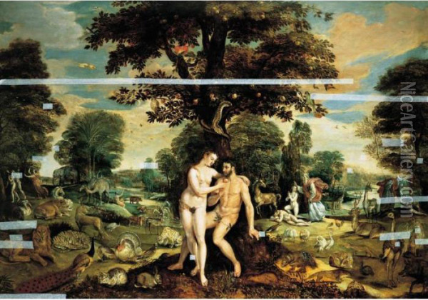 The Garden Of Eden, With The 
Fall Of Man In The Foreground, The Creation Of Eve, And The Expulsion 
From The Garden Beyond Oil Painting - Maarten de Vos