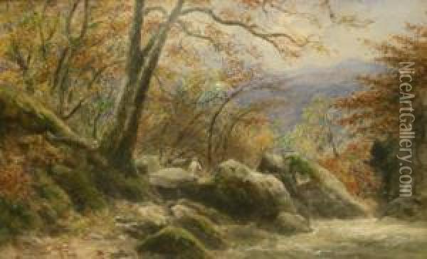 Lakeland Stream With Fisherman And A Companion View Oil Painting - Edward Tucker