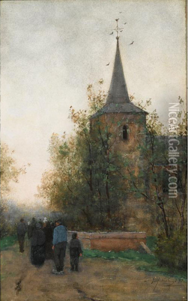 On The Way To Church, Laren Oil Painting - Joseph Hendrikus Neuhuys
