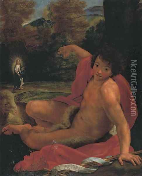 Saint John the Baptist and Christ in a landscape Oil Painting - Roman School