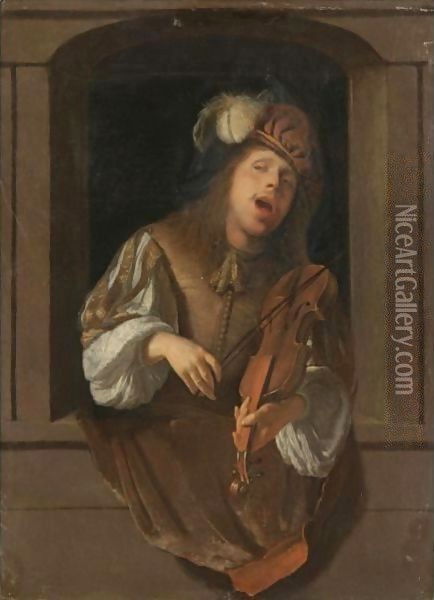 A Singing Violinist, Probably A Self-Portrait, Set Within A Niche Oil Painting - Jacob Ochtervelt