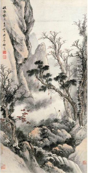 Listening To Waterfall In Autumn Mountain Oil Painting - Qi Kun