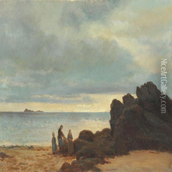 Coastel Scenery With Woman And Girls On The Beach Oil Painting - Laurits Regner Tuxen