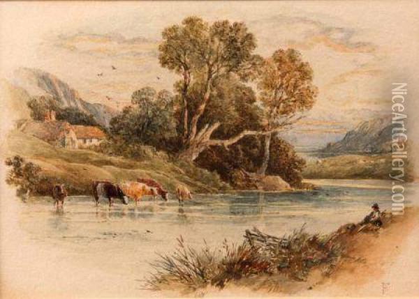 Cattle Watering With Figure On Riverbank Oil Painting - Myles Birket Foster