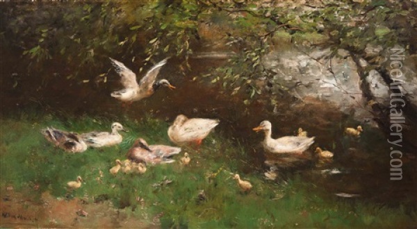 Family Of Ducks By The Water's Edge Oil Painting - Willem Maris
