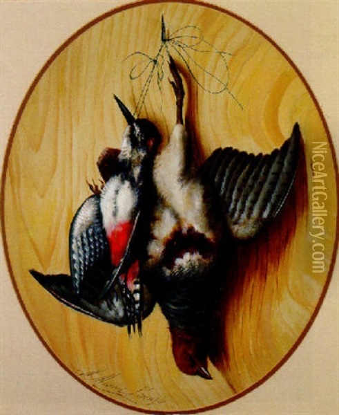 A Partridge And Woodpecker Hanging On A Nail Oil Painting - Michelangelo Meucci