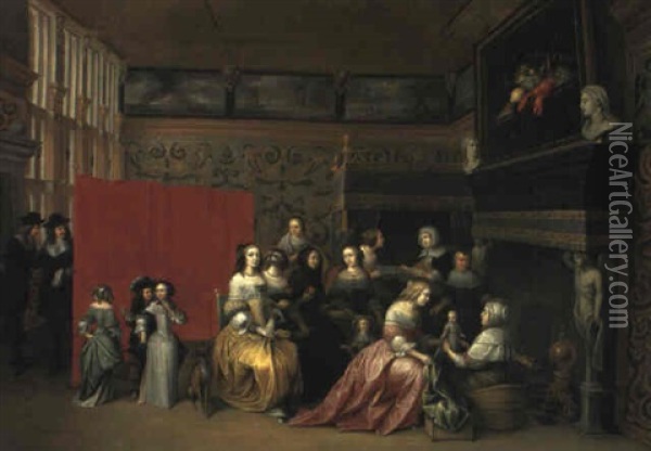 Ladies Celebrating The Birth Of A Child In An Elegant Boudoir Oil Painting - Hieronymous (Den Danser) Janssens