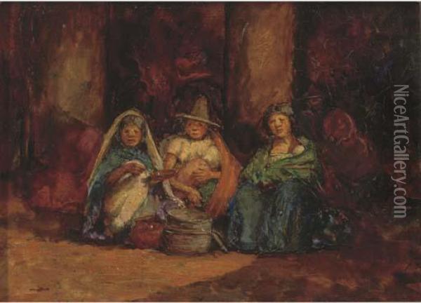 Indian Women Selling In A Market Place, Mexico Oil Painting - Mortimer Luddington Mempes