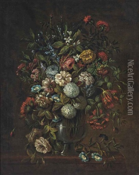 Snowballs, Poppies, Tulips, Convolvulus And Other Flowers In A Glass Vase On A Ledge Oil Painting - Simon Hardime