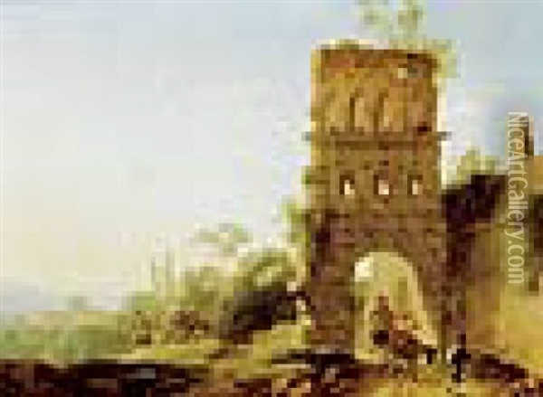 Reiter Auf Maultieren Bei Ruinen In Einer Italienischen Landschaft Oil Painting - Christian Wilhelm Ernst Dietrich