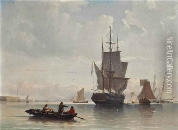 A Dutch Merchantman And Other Shipping Drifting In Light Airs Oil Painting - William Anderson