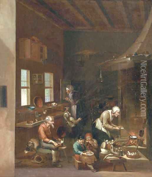 A woman frying pancakes on an open fire, children eating and other figures preparing food in a kitchen Oil Painting - Anthonie Victorijns