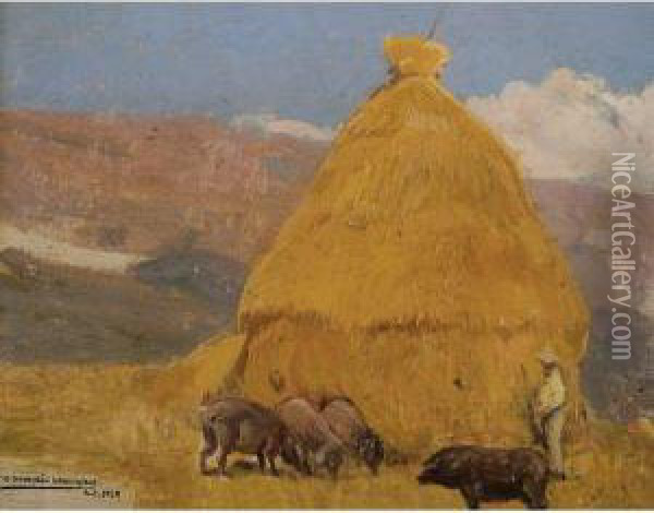 Paisaje (landscape With A Hay Stack) Oil Painting - Mariano Barbasan Lagueruela