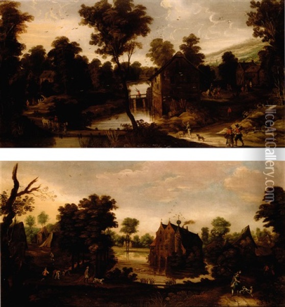 A Wooded Landscape With Figures On A Path And A Moated Castle Beyond Oil Painting - Philips de Momper the Younger