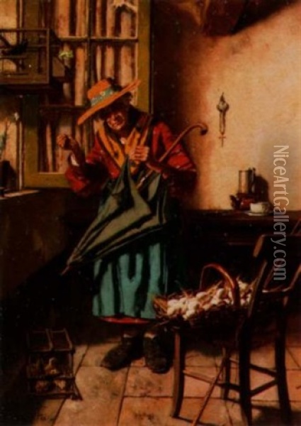 Lady Mending Umbrella In Interior With Basket Of Eggs Oil Painting - Edouard (John) Menta