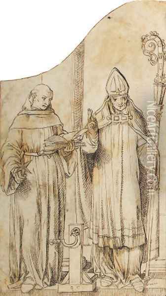 Saints Dominic and Erasmus by a column a design for the wing of an altarpiece Oil Painting - Pieter Pourbus
