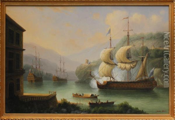 Warship Off A Fortified Coast Oil Painting - James Hardy