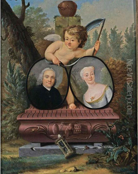 A 'memento Mori' Portrait: A 
Portrait Of A Gentleman, Bust Length, Wearing A Black Suit, And A 
Portrait Of His Wife, Bust Length, Wearing A Grey Silk Dress, Both In 
Painted Ovals, On A Red Stone Pedestal, Together With A Putto Holding A 
Scythe, An Oil Painting - Jan Maurits Quinkhard