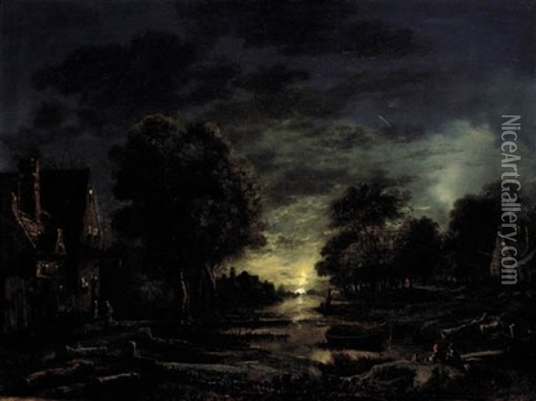 A Moonlight River Landscape With Two Men Resting On The Bank Oil Painting - Aert van der Neer