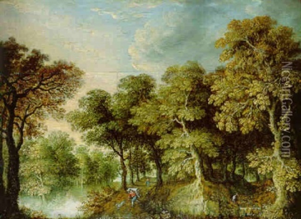 A Wooded River Landscape With A Pedlar And A Dog On A Track And A Stork By A Stream Oil Painting - Marten Ryckaert