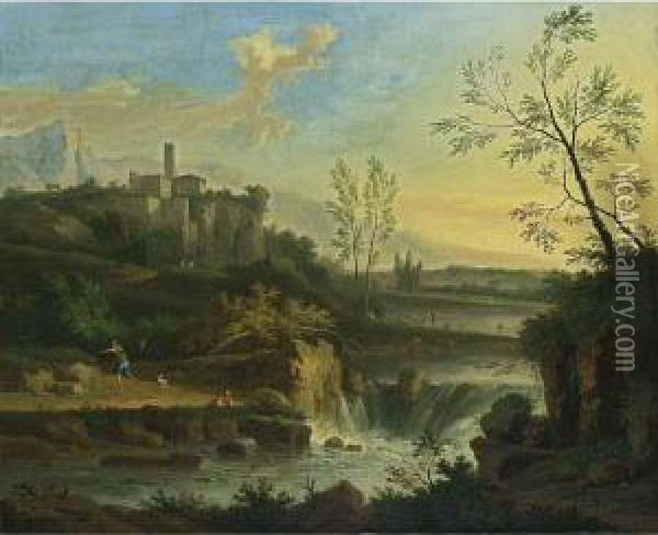 An Extensive Classical River Landscape With A Waterfall, And A Fisherman With A Dog On A Path, Other Figures Near The River Beyond, A Town On A Rocky Outcrop Beyond Oil Painting - Nicolas, Dit Opgang Piemont