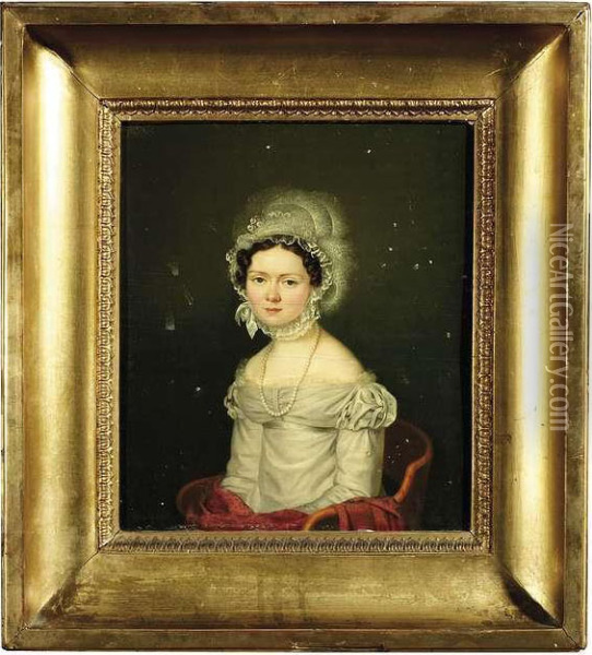 Portrait Of A Young Lady Wearing A White Dress And A Lace Cap Oil Painting - Franz Seraph Stirnbrand