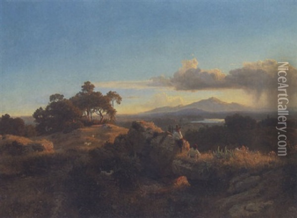 Landschaft An Einem Oberitalischen See Oil Painting - Oswald Achenbach