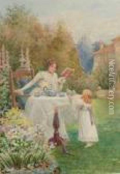 Mother And Daughter Taking Tea In The Garden Oil Painting - William F. Ashburner
