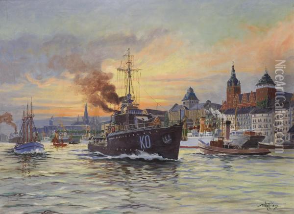 Harbour At Sunset Oil Painting - Max Hoffmann