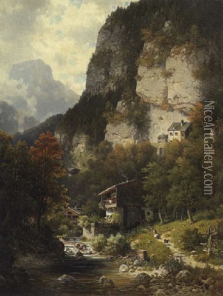 Gebirgstal (gasthaus Weber An Der Wand Bei Oberaudorf) Oil Painting - Ludwig Sckell