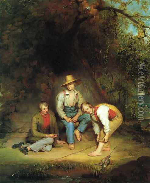 Boys Fishing Oil Painting - Thomas Le Clear
