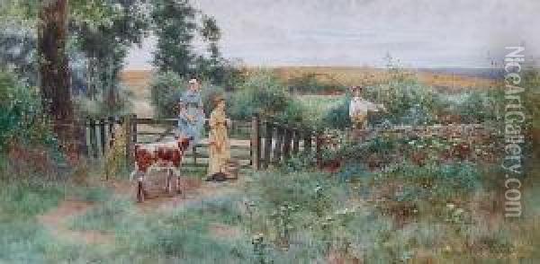 A Countryside Landscape With Milkmaids By A Gateway And A Farmer Boy On A Country Path Oil Painting - Thomas Lloyd