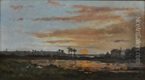 Sonnenuntergang An Der Loire, Im Vordergrund Zwei Wascherinnen Oil Painting - Hippolyte Camille Delpy