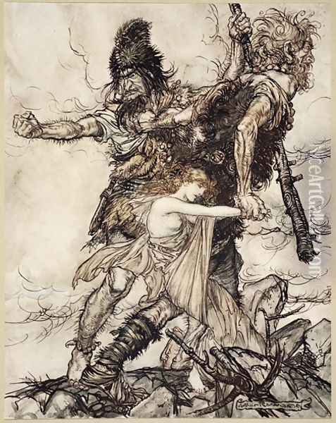 Fasolt suddenly seizes Freia and drags her to one side with Fafner, illustration from The Rhinegold and the Valkyrie, 1910 Oil Painting - Arthur Rackham