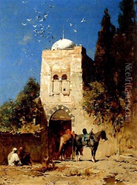 Arabs Resting Outside A Mosque Oil Painting - Alberto Pasini
